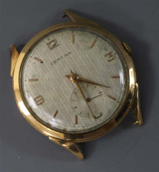 A gentlemans 9ct gold Certina manual wind wrist watch, no strap